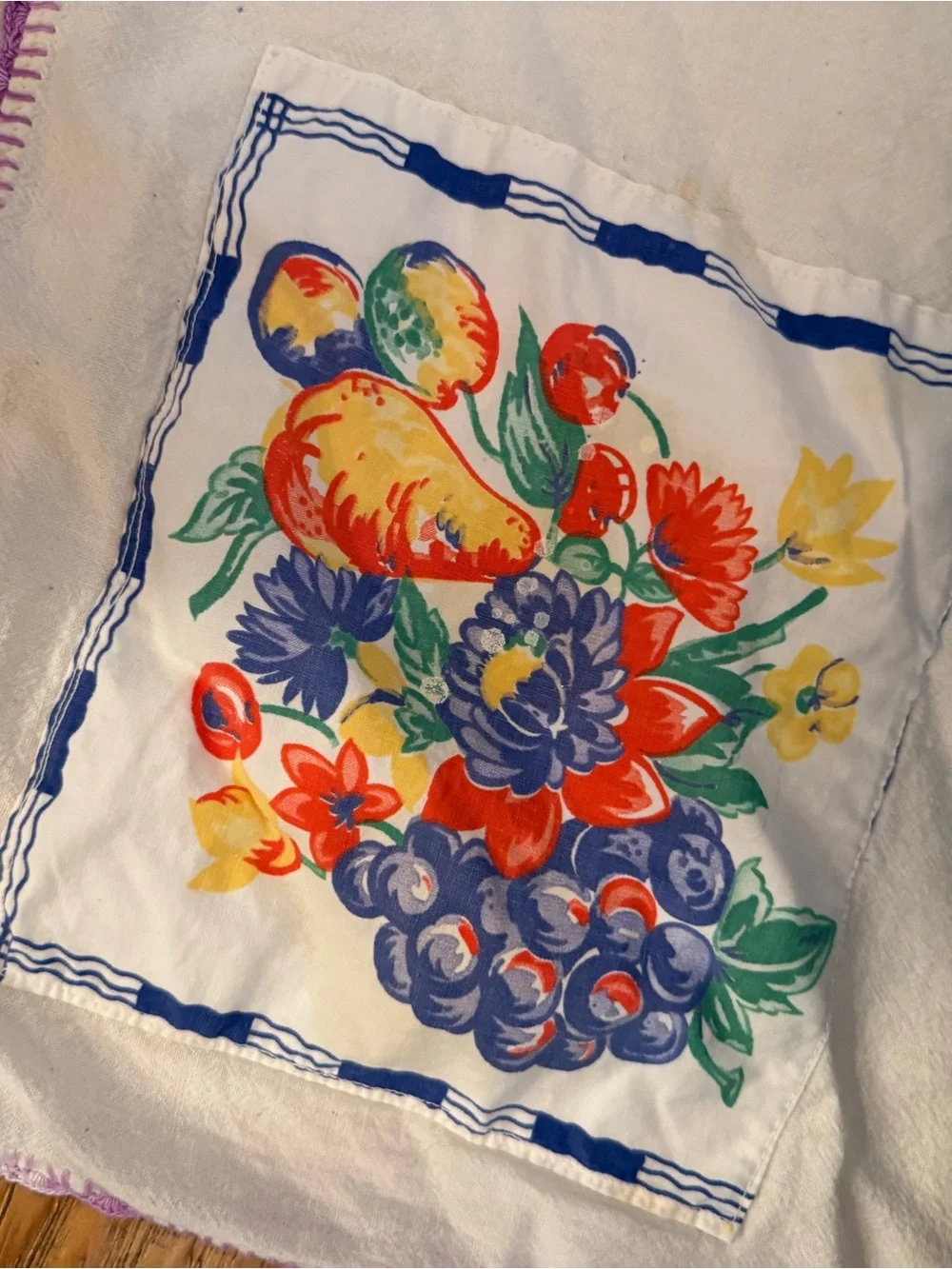 Vintage cotton tablecloth fruit print patches crochet edge 34x36 grannycore
